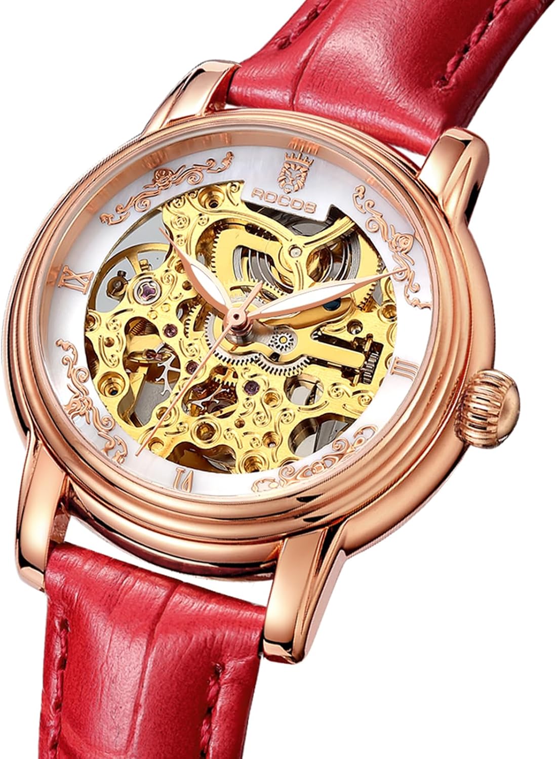 ROCOSJEWE Reloj de pulsera automático mecánico de lujo para mujer, esfera esqueletizada en oro rosado, manecillas luminiscentes, correa de cuero roja, reloj de vestir de moda para mujer, reloj esqueletizado autofaciente resistente al agua, regalo para