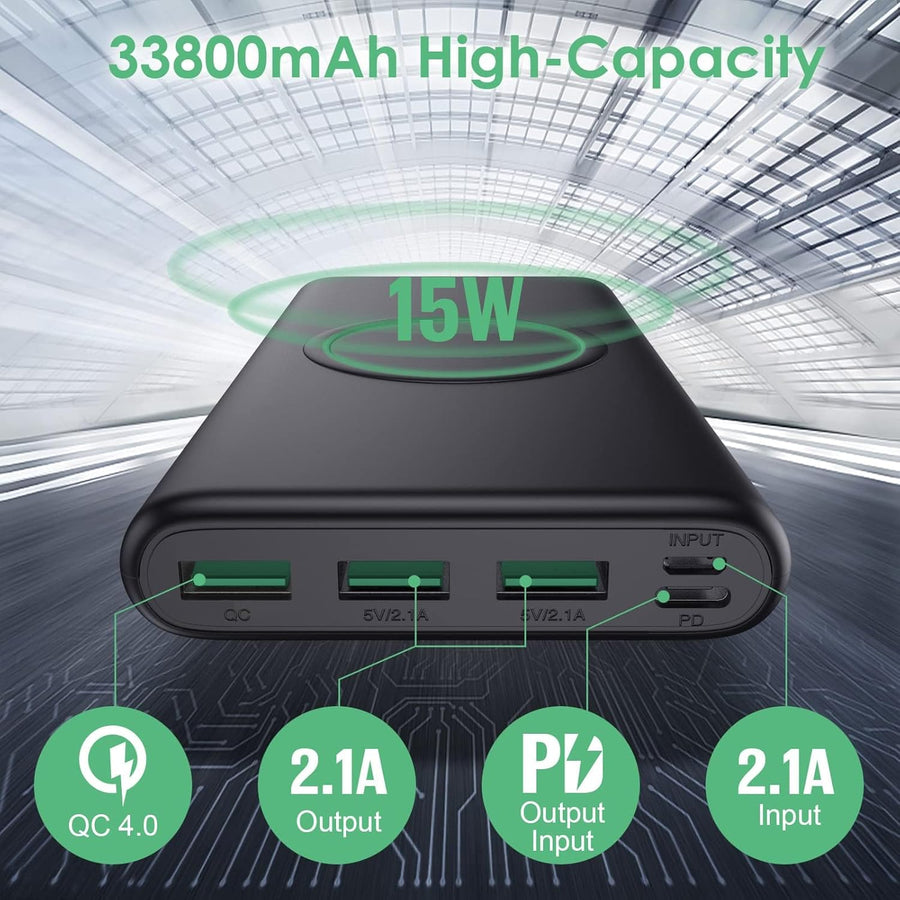 Cargador portátil inalámbrico, 33800 mAh, 15 W, carga inalámbrica r...
