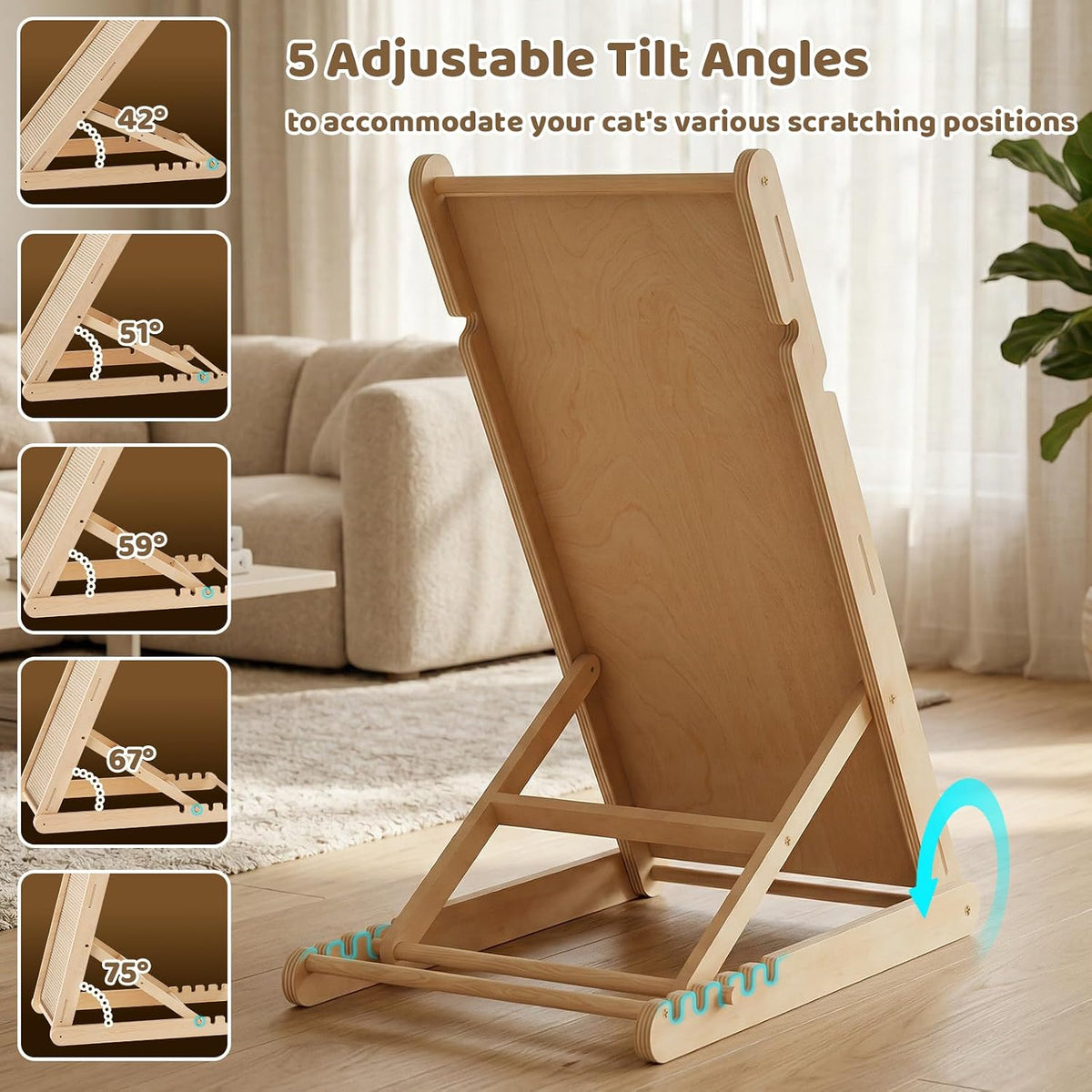 XiaZ Rascador de sisal para gatos, tabla de rascar de madera de 31 pulgadas con 5 alturas ajustables, alfombrilla de sisal reemplazable y almohadilla angular para arañazos para gatos de interior