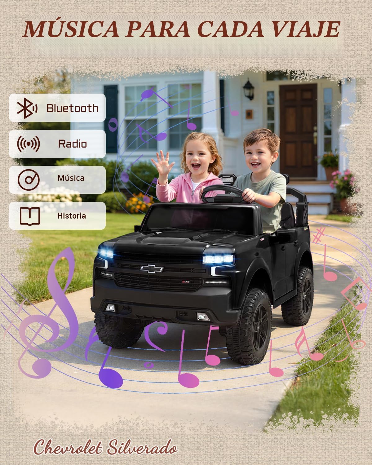 First Ride On Juguetes de 24 V y 2 plazas con licencia Chevrolet Silverado, vehículo eléctrico con control remoto y cinturones de seguridad, camión eléctrico con maletero, Bluetooth y luces LED (negro)