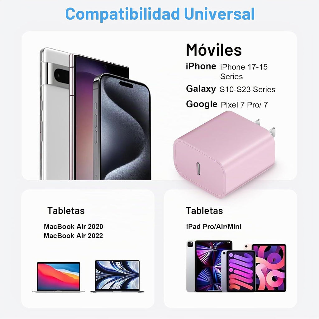 Cargador de carga rápida para iPhone 17, 16, 15, paquete de 2+2 cargadores de pared USB C de 20 W con cable de carga rápida de 6 pies compatible con iPhone 17/17 Air/17 Pro/17 Pro Max/iPhone 16/15