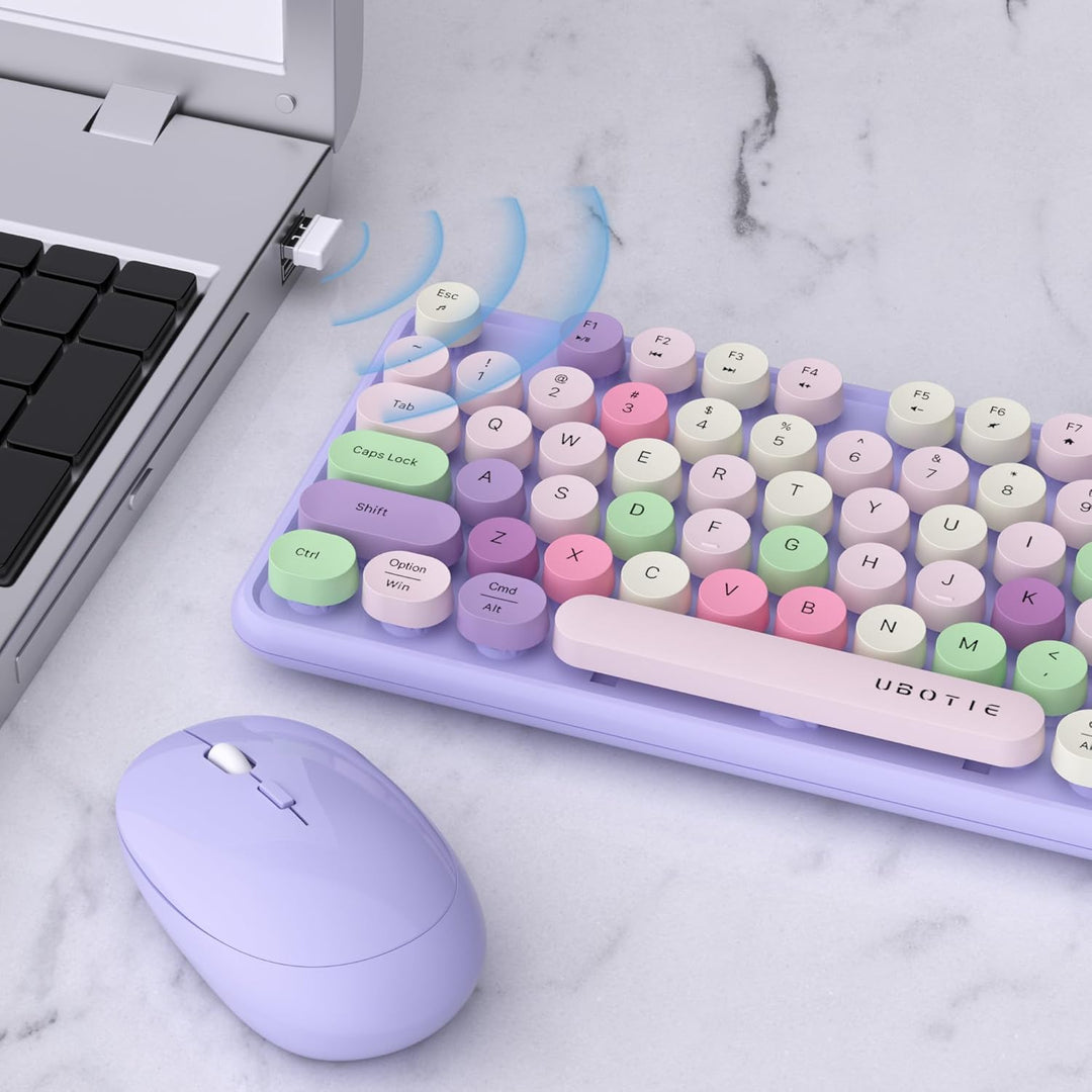 UBOTIE Teclado inalámbrico colorido para computadora y mouse óptico...