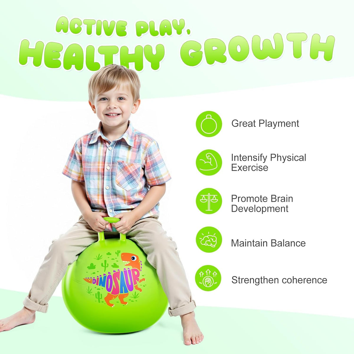 Pelota saltarina PlayZap para niños de 3 a 8 años, bola hinchable verde de 18 pulgadas con dinosaurio y asas, juguetes inflables hippity hop para saltar y rebotar para niños y niñas, para interior y