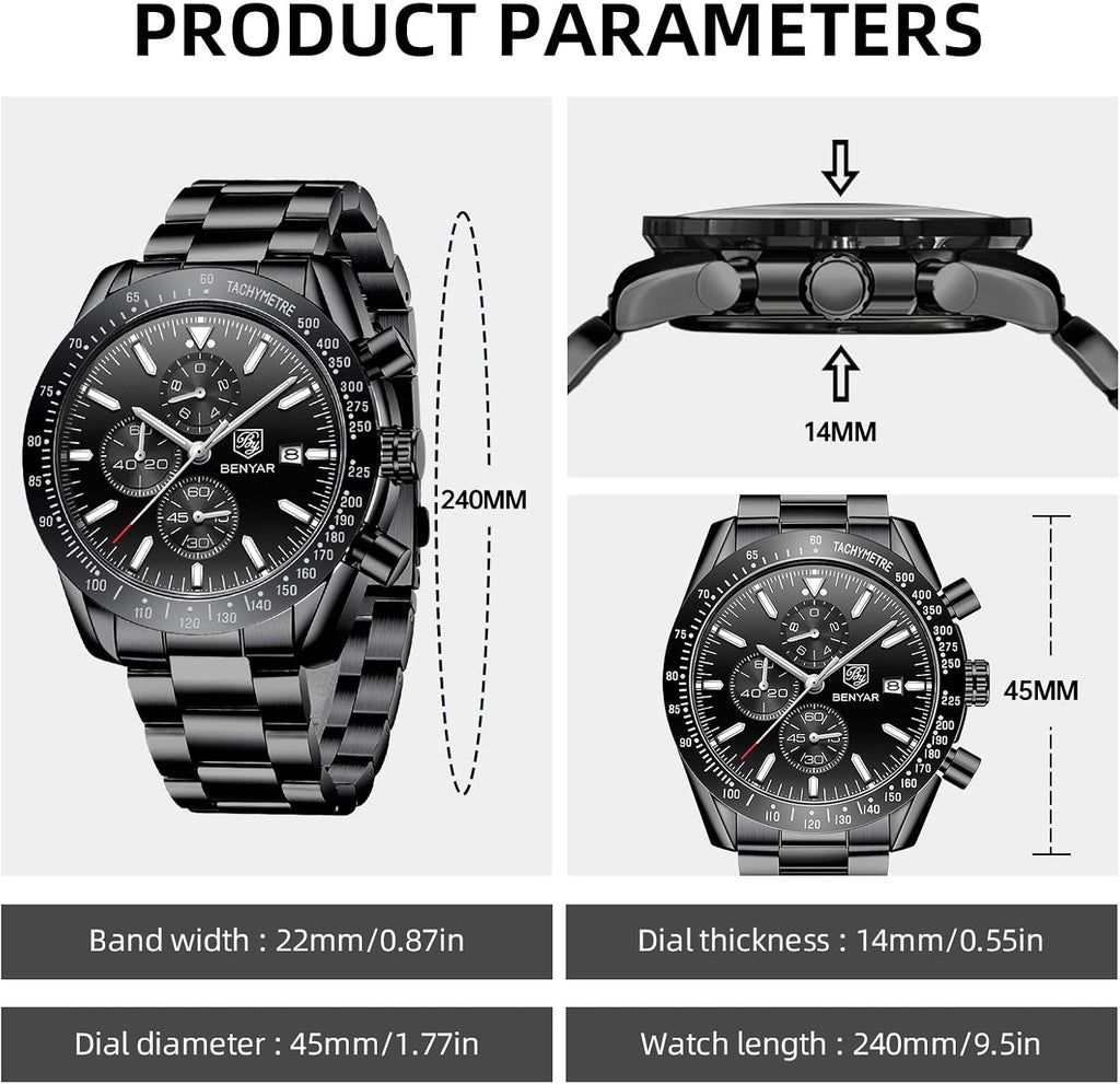 BENYAR Relojes para hombre, reloj de pulsera analógico con movimiento de cuarzo, correa de cuero/acero inoxidable/silicona, reloj de vestir casual para deportes de negocios, resistente al agua