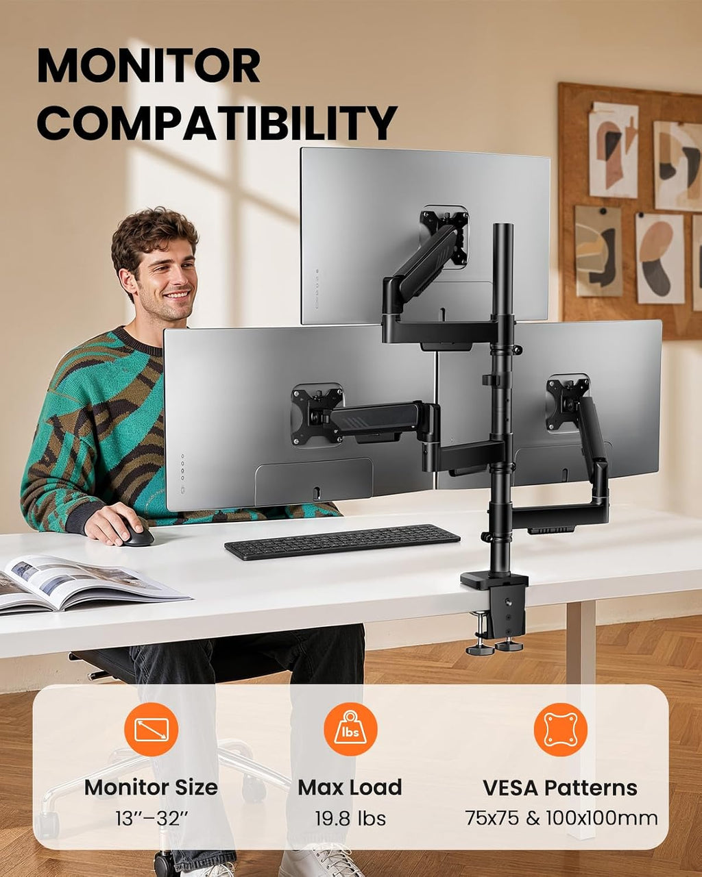 ErGear Soporte Triple para Monitores de 13 a 32 Pulgadas, 19.8 lb por Brazo