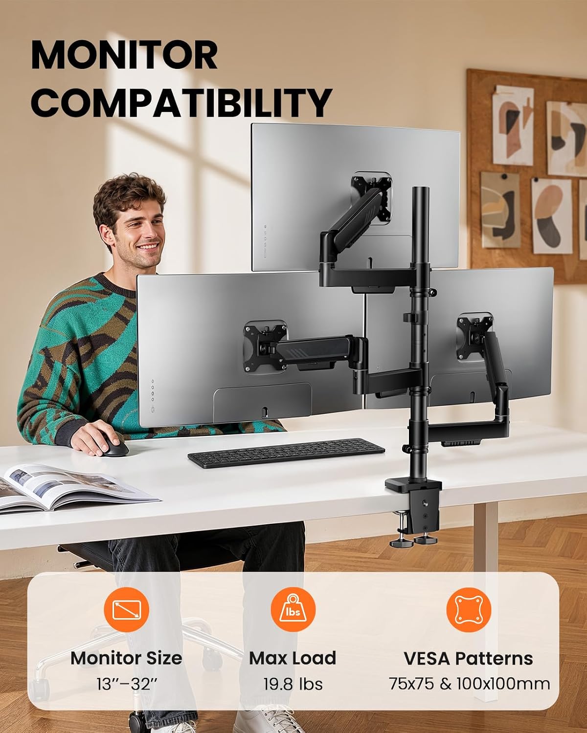 ErGear Soporte Triple para Monitores de 13 a 32 Pulgadas, 19.8 lb por Brazo