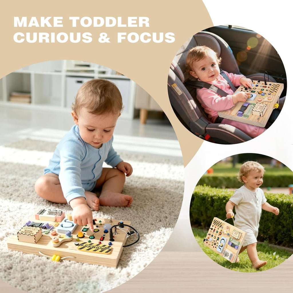 Joyreal Tablero Montessori de madera para niños pequeños, tablero de actividades sensoriales con luces LED, caja de música y cerraduras, juguete educativo de aprendizaje para niños y niñas
