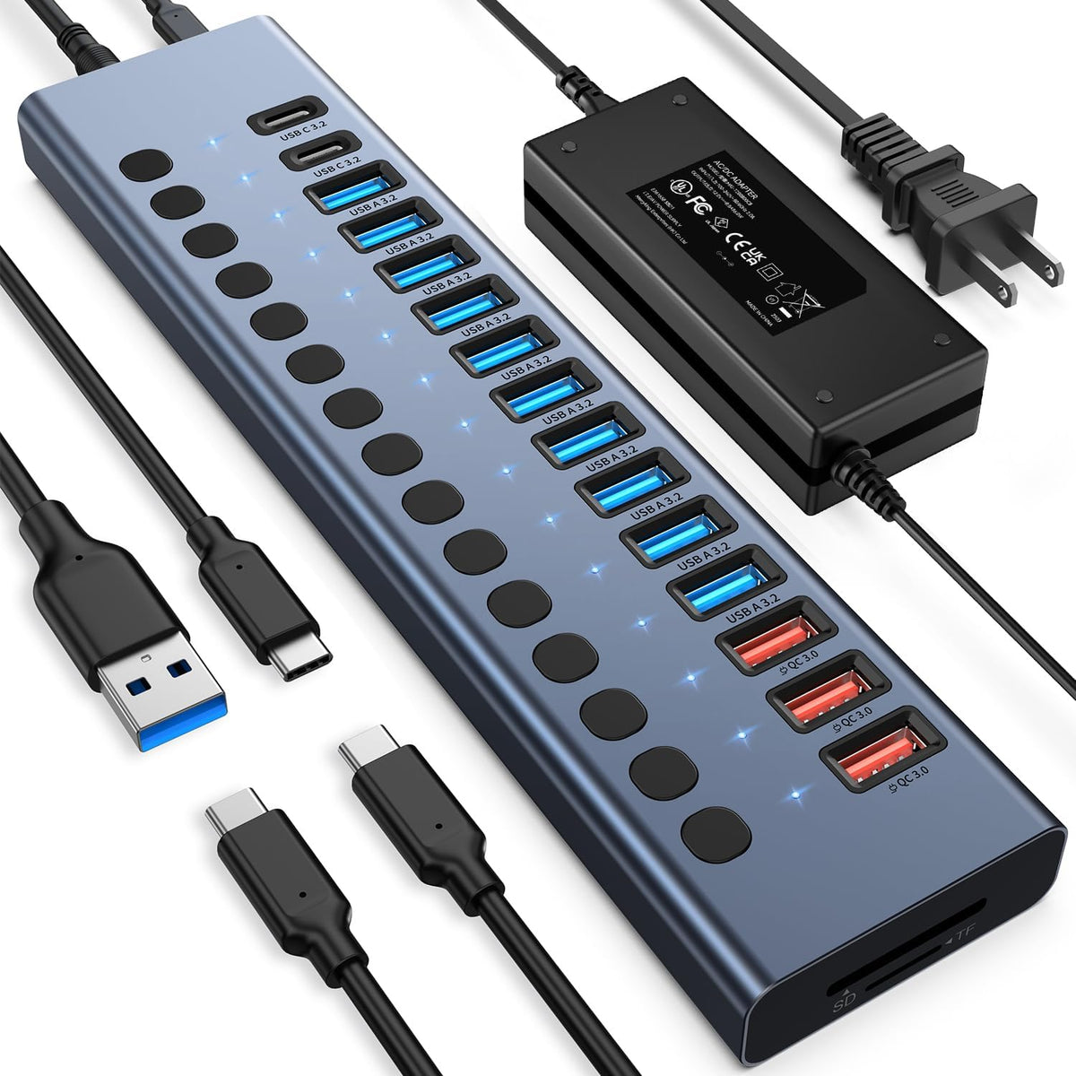VANGREE, HTY-1200750, hub USB 3.2 de 17 puertos, alimentado, adaptador 12V/8A