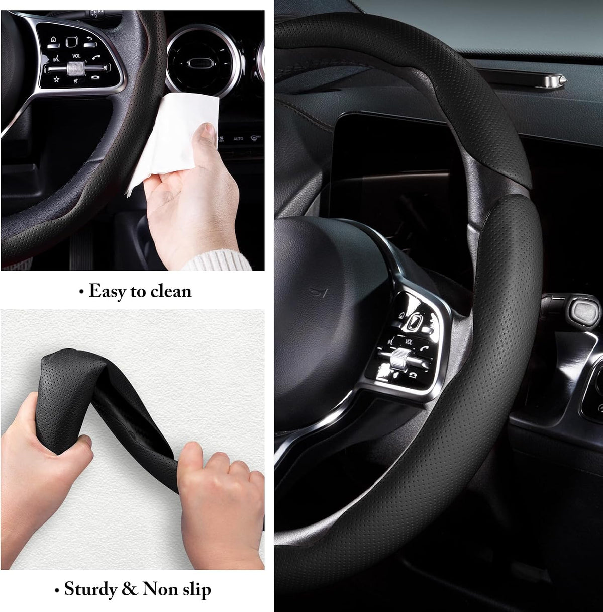Cubierta de volante de coche de cuero con cierre de presión de 3 piezas, juego de protector antideslizante y envolvente, accesorios para volante universal de 37-38 cm, negro