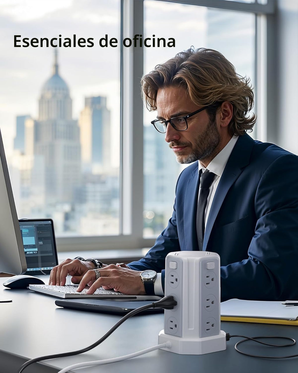 SMALLRT - Cable de extensión de 10 pies con 12 tomas de corriente alterna múltiples, 4 USB (1 USB C), estación de carga de escritorio SMALLRT para hogar, oficina, universidad, dormitorio esencial