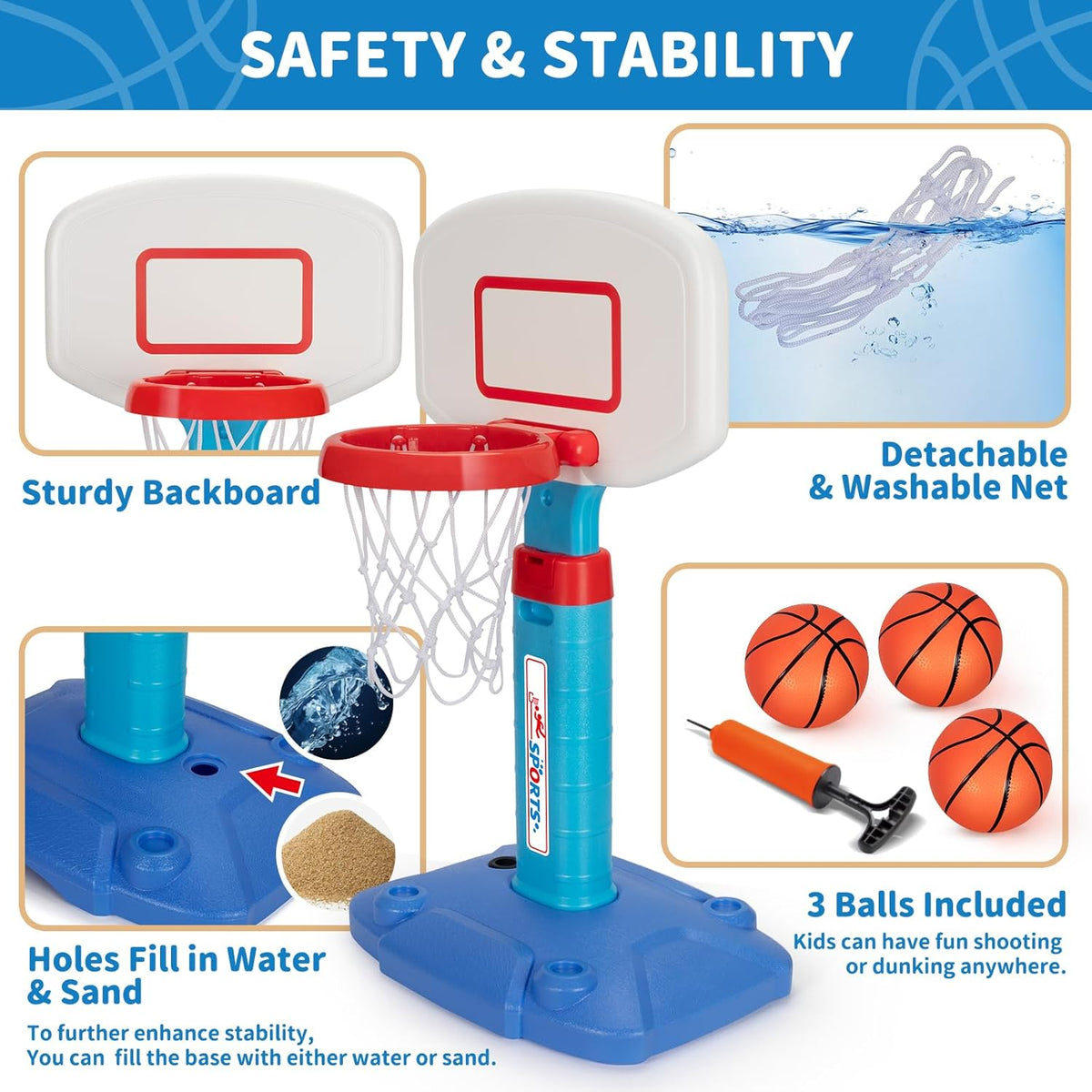 Aro de Baloncesto para Niños Pequeños de Interior para Edades 1-3, Aros de Baloncesto Ajustables para Niños, Mini Aro de Baloncesto con 3 Pelotas para Exterior junto a la Piscina, Juguetes Deportivos