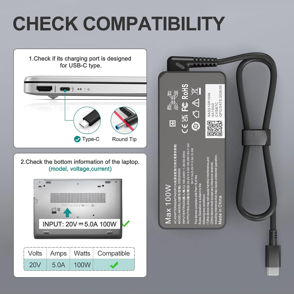 Cargador USB C de 100 W, compatible con Mac Book Pro/Air 16, 15, 14, 13, M1 M2 M3 M4 M5, pulgadas 2026 2025 2024 2023, para HP, adaptador de CA de carga rápida Dell tipo C