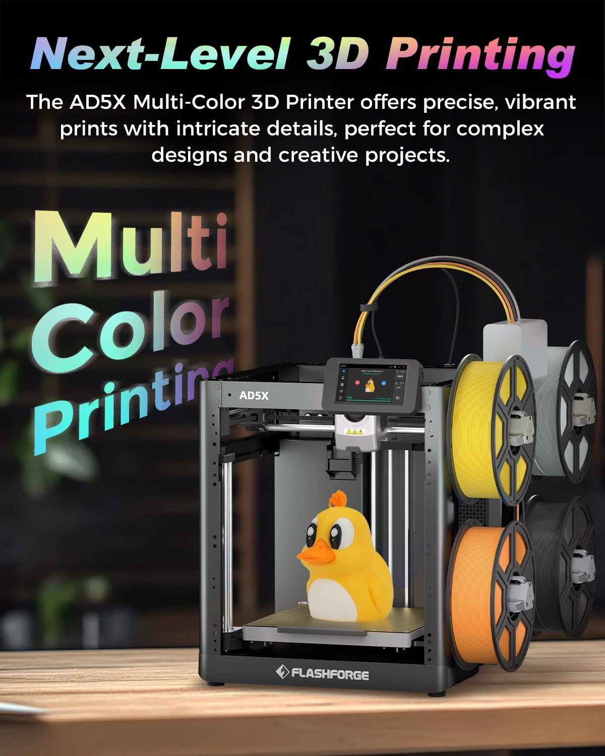 FLASHFORGE AD5X Impresora 3D multicolor, CoreXY 600mm/s de alta velocidad, nivelación automática con un clic, extrusora de accionamiento directo de 300°C, volumen de construcción de 220x220x220mm