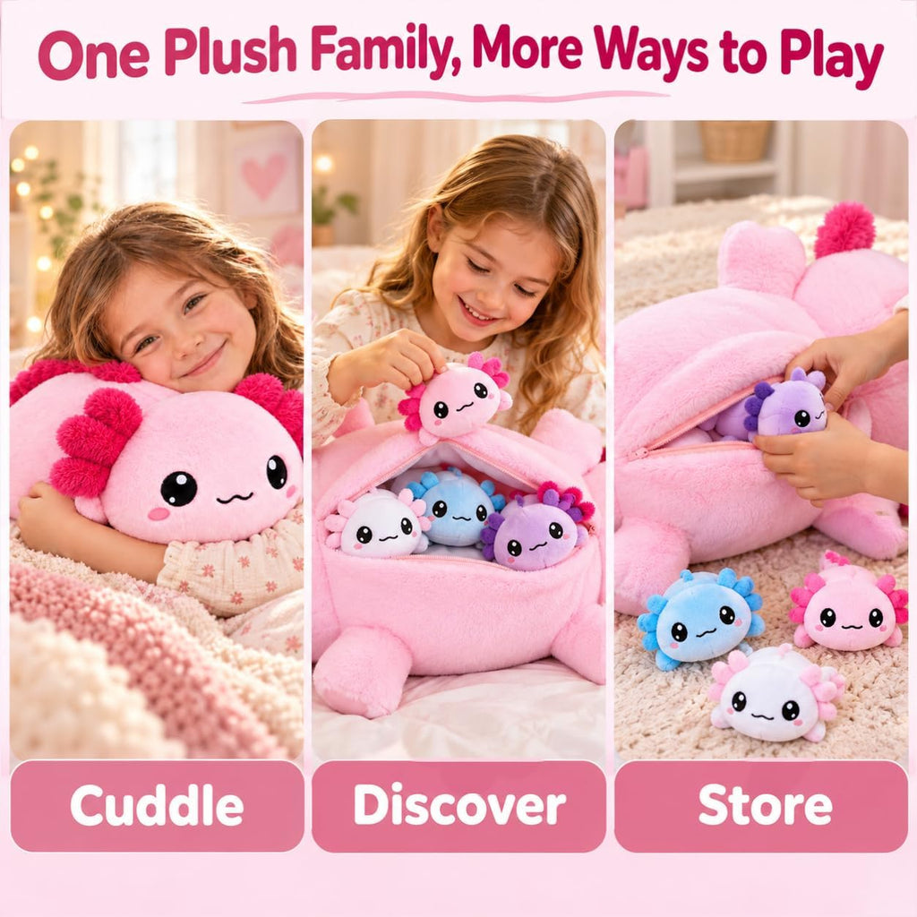 Axolotl - Animal de peluche con bebés, lindo peluche de axolote de mamá con 4 mini axolotes de bebé, conjunto familiar de anfibios suave, regalo de peluche Kawaii para niños, niñas, niños y