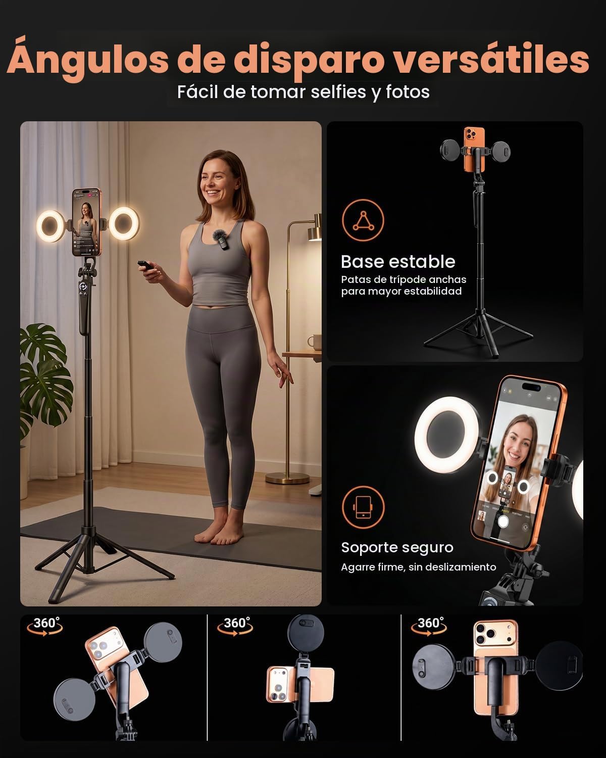 71" Trípode para teléfono con 2 LEDs, 2 micrófonos inalámbricos y control remoto recargable