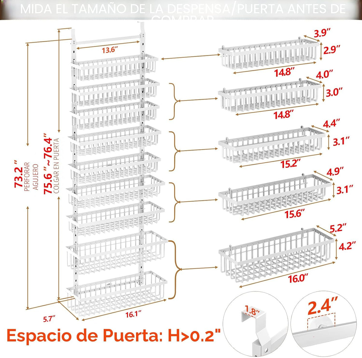 Organizador de despensa de 9 niveles sobre la puerta, soporte de pared 2 en 1 o estante de especias colgante con cesta profunda ajustable, organizador de condimentos resistente y almacenamiento para armario de cocina, armario, baño