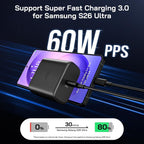 Cargador USB C de 60 W, cargador súper rápido de 60 vatios tipo C con 2