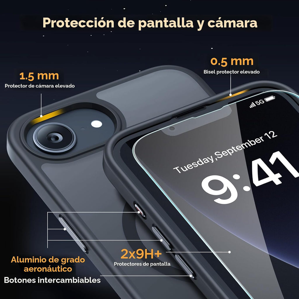 miracase Funda para iPhone 16e y iPhone 17e para MagSafe [con 2 protectores de pantalla de 9H + ] Protección superior de grado militar a prueba de golpes con terciopelo táctil para iPhone 16e/17e 6.1 pulgadas, negro mate