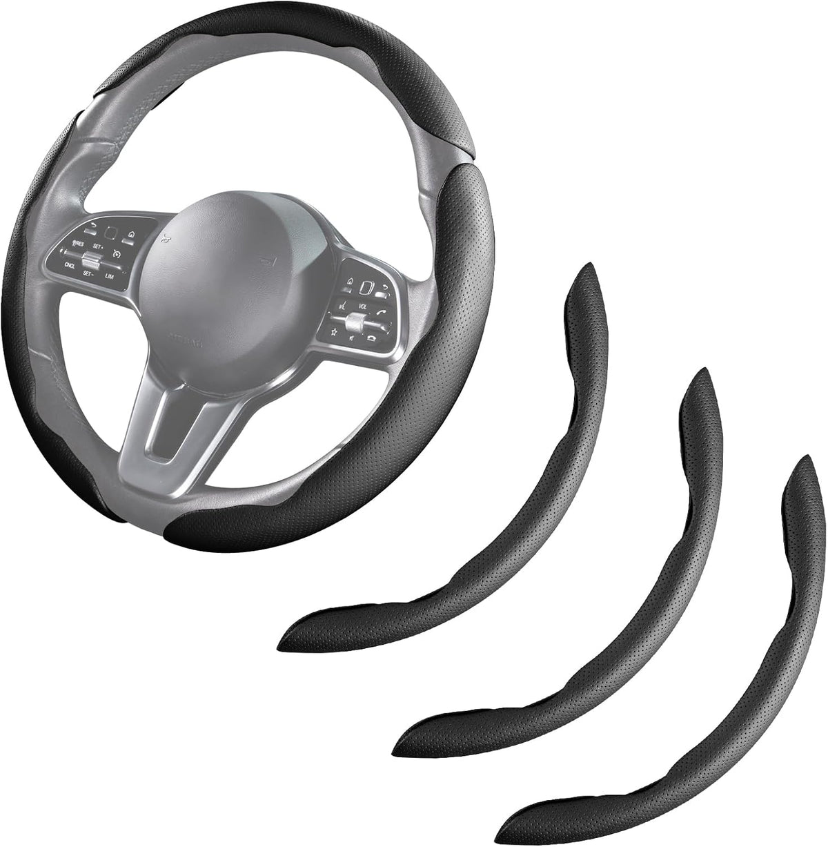 Cubierta de volante de coche de cuero con cierre de presión de 3 piezas, juego de protector antideslizante y envolvente, accesorios para volante universal de 37-38 cm, negro