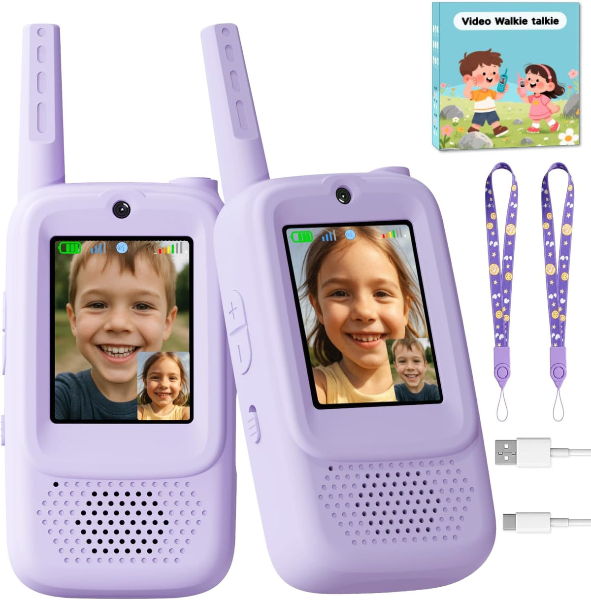 Walkie Talkies de video para niños, paquete de 2 intercomunicadores de video recargables de mano para niños, juguetes para interiores y exteriores, para juegos familiares, exteriores, campamento