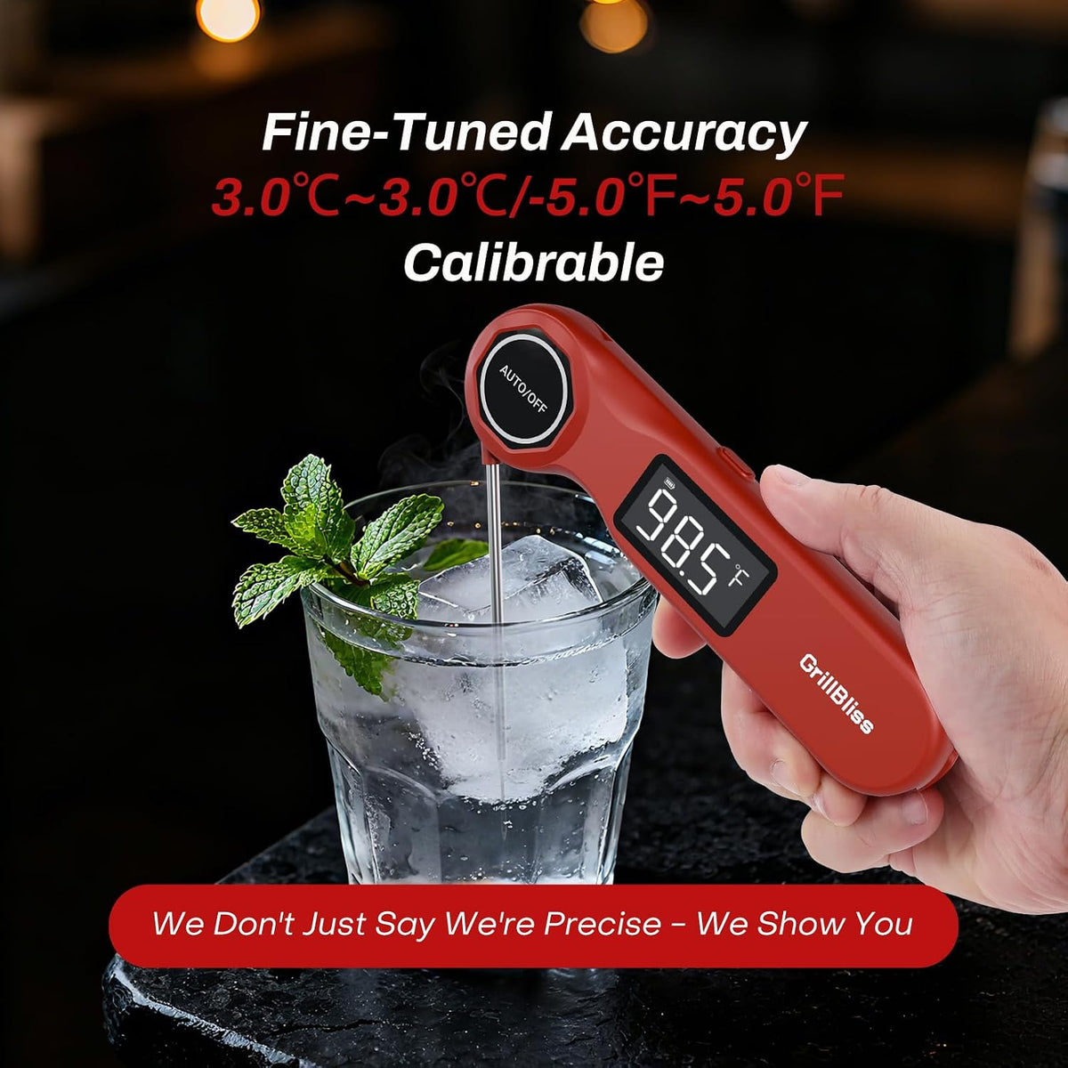 Termómetro digital recargable para carne, GrillBliss USB-C recargable con lectura rápida de 0.5 segundos y precisión de ± 0.5 ℉, pantalla LCD VA, termómetro de cocina para barbacoa