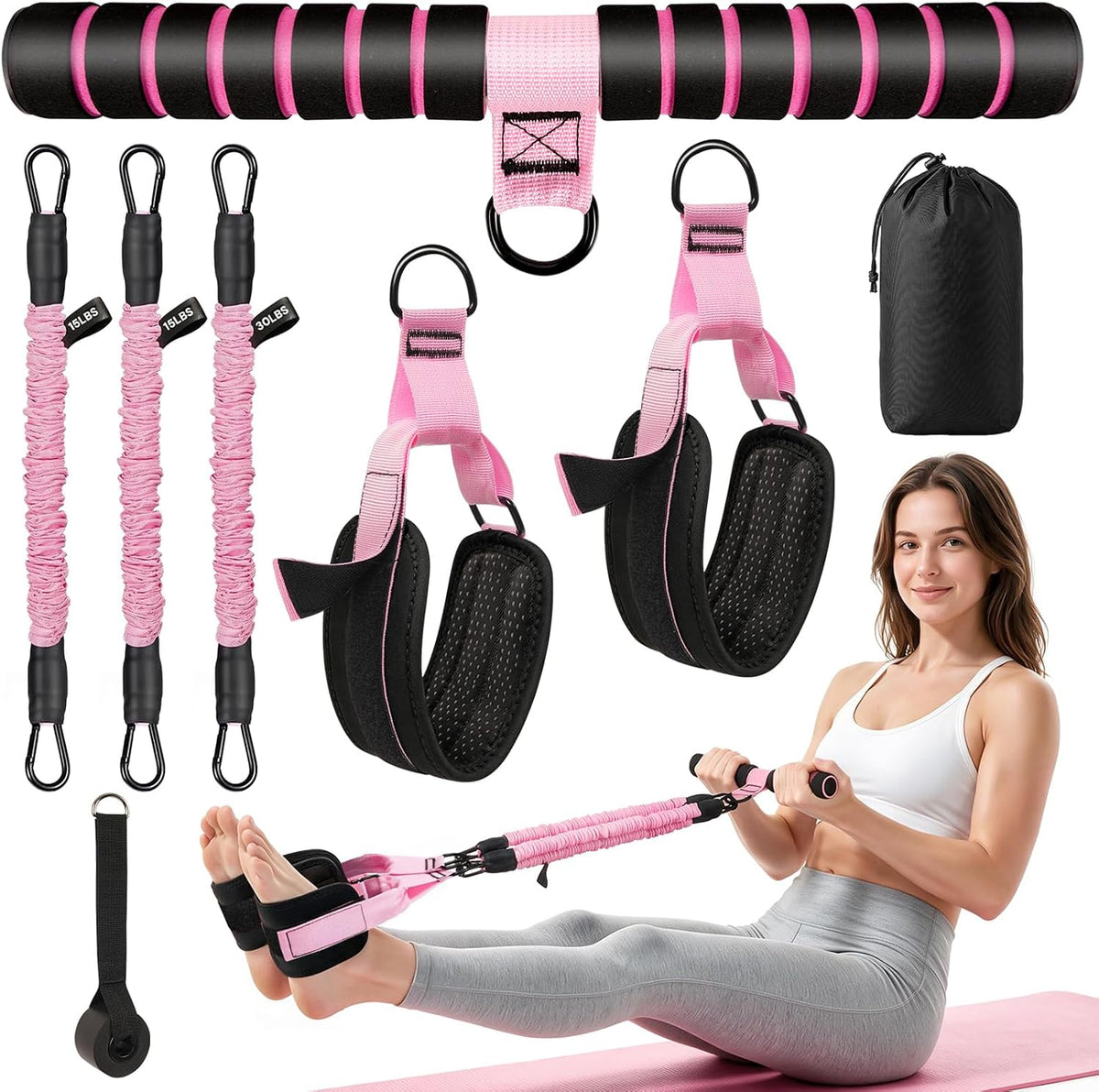 Banda de resistencia de pedal multifunción con mango, mangas protectoras de nailon y ajustable de 15/15/30 libras, equipo de entrenamiento para abdominales, cintura, brazos, piernas