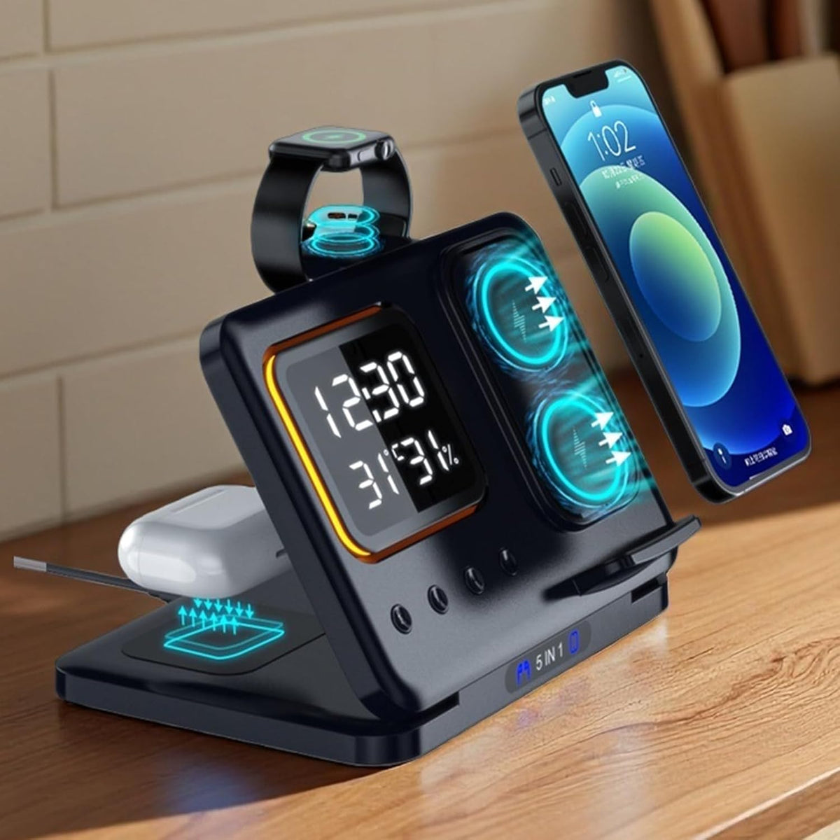 Estación de carga inalámbrica 5 en 1, soporte de carga inalámbrica de carga rápida de 15 W con reloj, pantalla de temperatura y humedad, base de carga de viaje plegable para teléfonos inteligentes, relojes y auriculares, D15 negro
