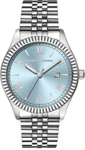 Roberto Marino Reloj de lujo para hombre, acero inoxidable dorado, cuarzo japonés, esfera azul, resistente al agua 3 ATM