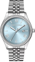 Roberto Marino Reloj de lujo para hombre, acero inoxidable dorado, cuarzo japonés, esfera azul, resistente al agua 3 ATM