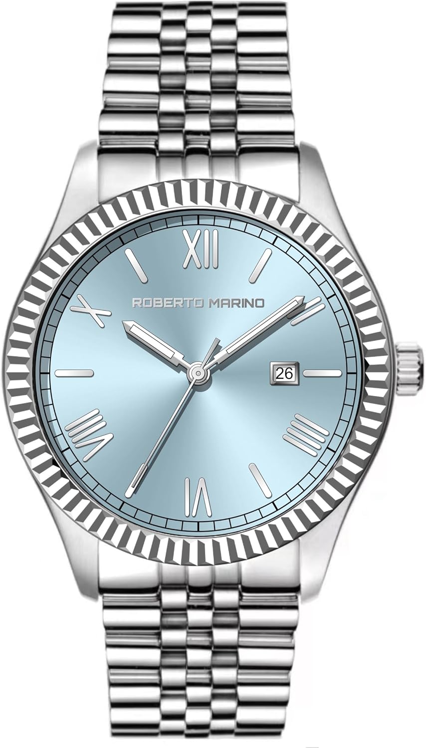 Roberto Marino Reloj de lujo para hombre, acero inoxidable dorado, cuarzo japonés, esfera azul, resistente al agua 3 ATM