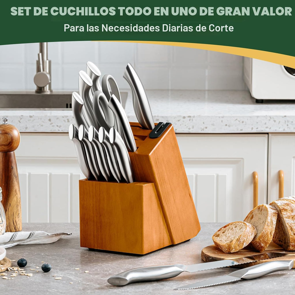 EWFEN - Juego de cuchillos de cocina de 14 piezas con bloque, cuchillos de acero inoxidable alemán con afilador de cuchillos integrado, juego de cuchillos afilados antideslizantes para cocina, apto para lavavajillas, mango curvado