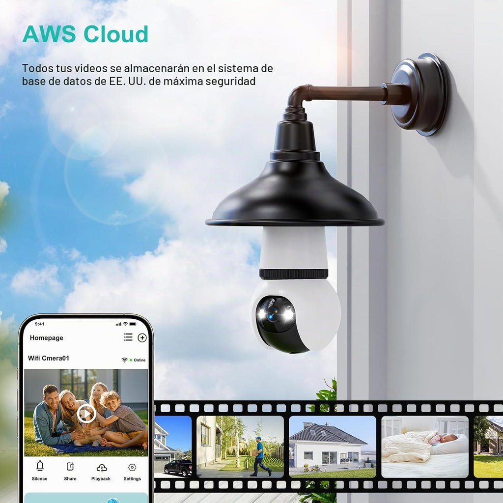 Lámpara Hawkray - Cámara de seguridad con bombilla de luz, paquete de 2, WiFi de doble banda de 2.4 GHz y 5 GHz, visión nocturna a todo color 2K, cámara inalámbrica de inclinación panorámica de 360° para