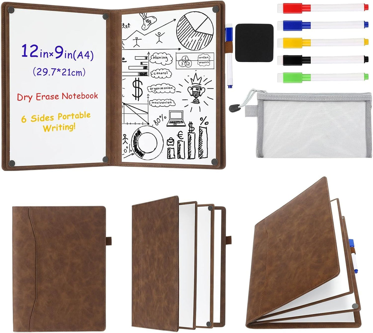 Feifeiya Cuaderno portátil de borrado en seco de 6 lados, marrón, A4 9 x 12