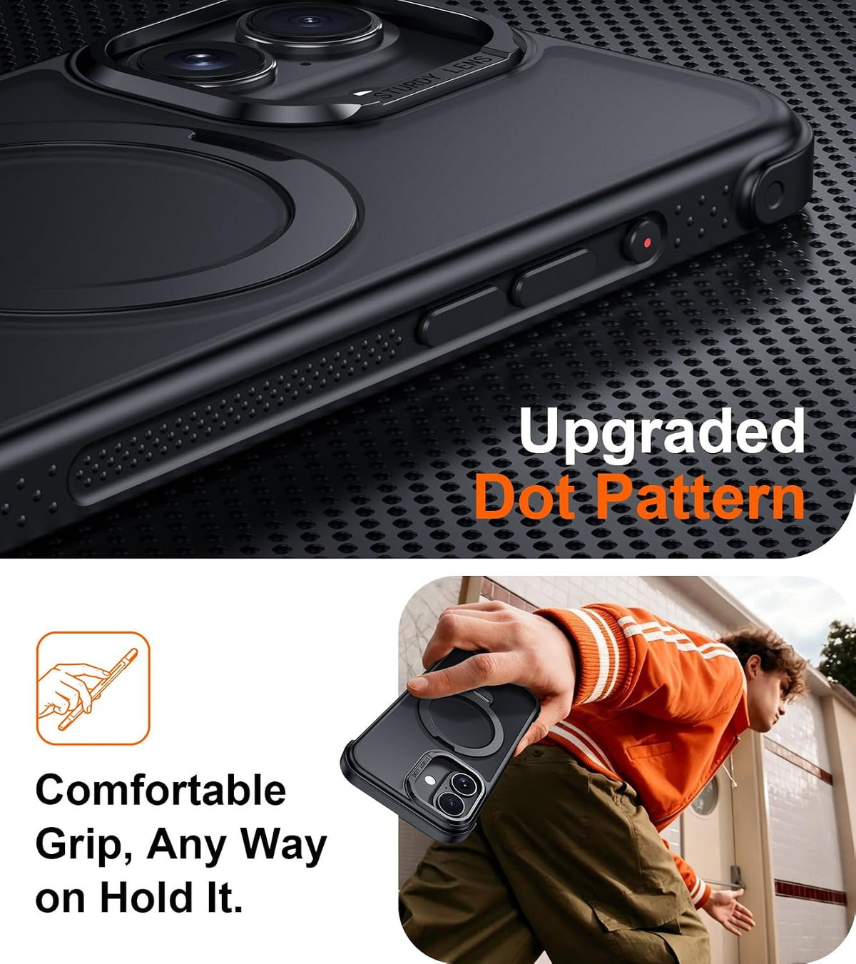 Funda compatible con iPhone 16 con soporte magnético giratorio de 360°, funda translúcida mate de grado militar de 6.1 pulgadas, color negro
