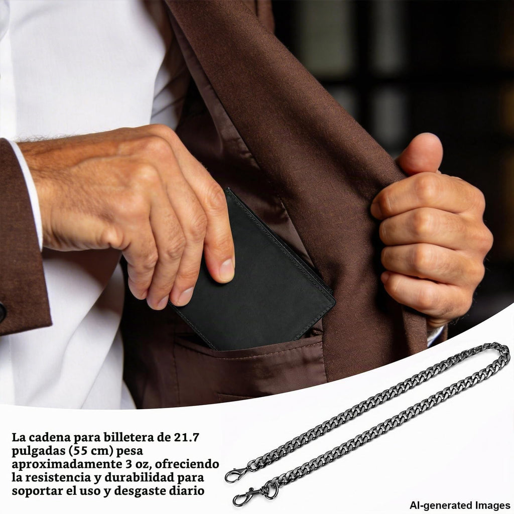 Billetera de Cuero Genuine con Cadena para Hombres: Billetera RFID con Cadena Antirrobo