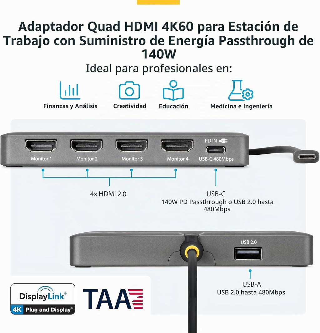 StarTech - Base para estación de trabajo USB-C a Quad HDMI 4K60, 140 W PD