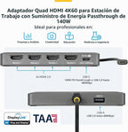 StarTech - Base para estación de trabajo USB-C a Quad HDMI 4K60, 140 W PD
