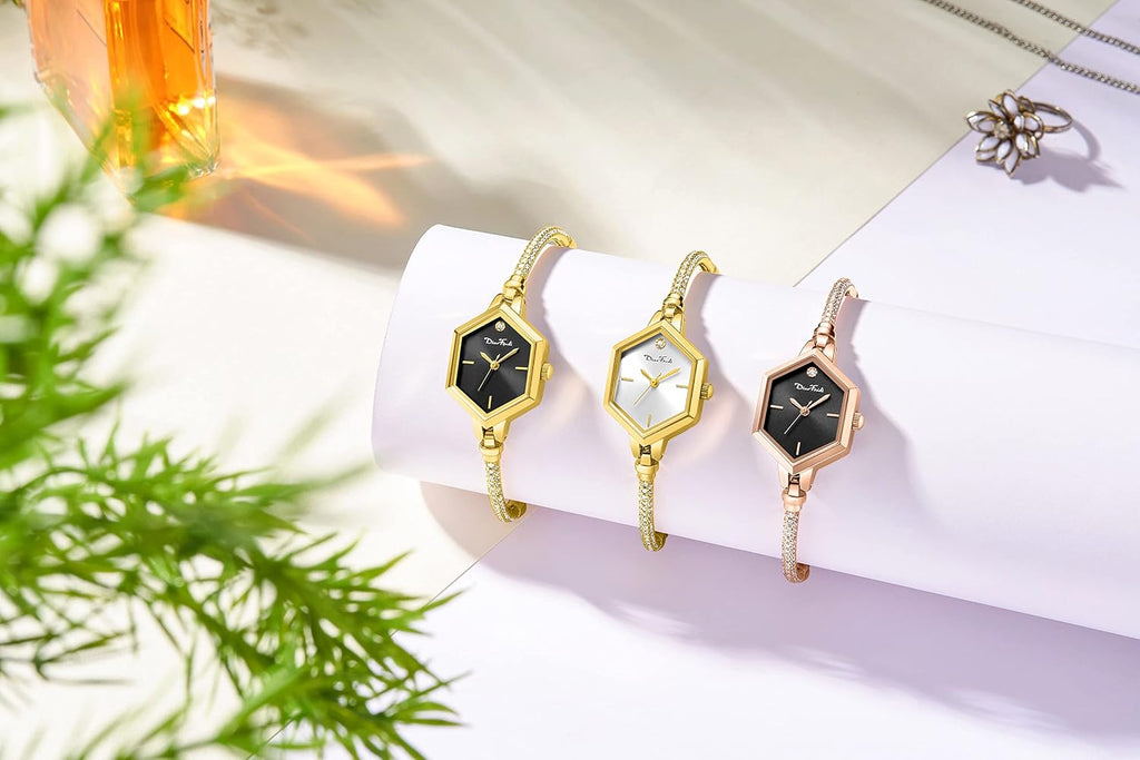 Reloj de pulsera pequeño de oro rosa para mujer, reloj de diamante analógico hexagonal de vestir, mini reloj impermeable para mujer