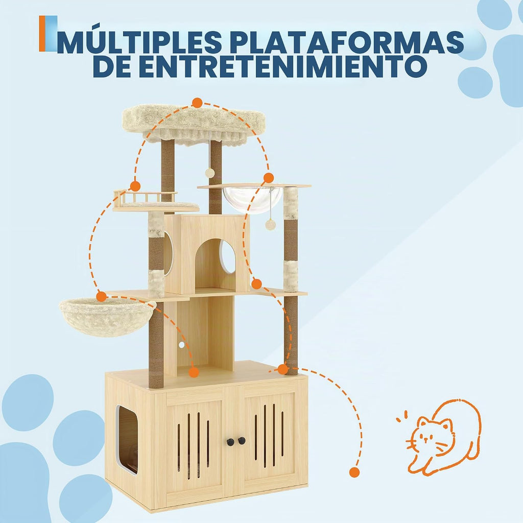 Árbol para gatos con caja de arena, torre para gatos de varios niveles con muebles ocultos, percha superior de felpa grande, postes rascadores de sisal, condominio para gatos y hamaca para gatos de