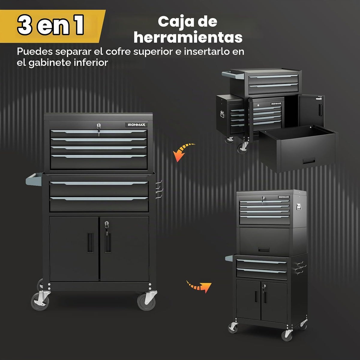 Goplus Cofre de herramientas, 6 cajones 3 en 1, gabinete de almacenamiento de herramientas extra grande con ruedas universales bloqueables de 4 pulgadas, bloqueo automático, forro protector, caja de