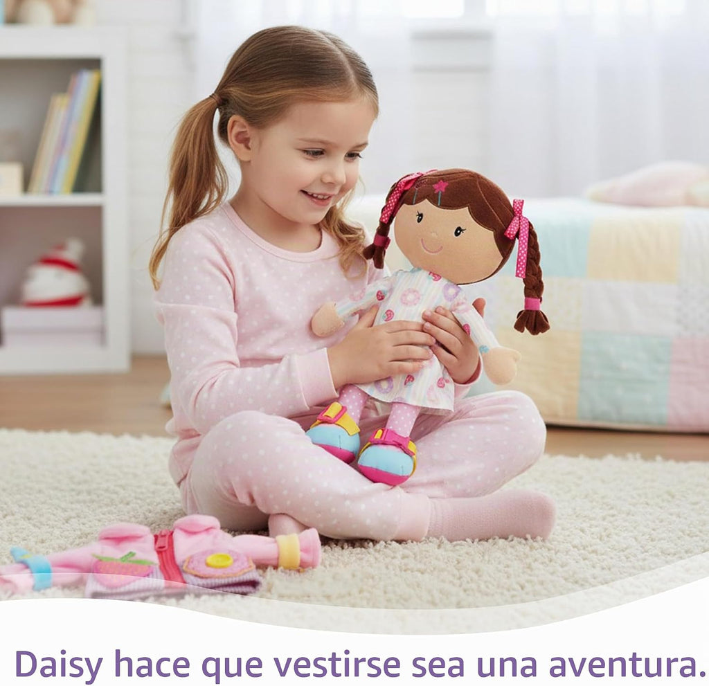 June Garden Dressy Friends Daisy de 15.5 pulgadas, muñeca de peluche educativa para niños y niños pequeños de 2 años en adelante, juguete suave con hebilla Montessori