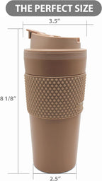 Juego de vasos de café de 16 onzas (paquete de 2) – Taza de viaje aislada de doble pared con tapa a prueba de fugas, apto para portavasos y tazas, taza de café reutilizable sin BPA, apta para lavavajillas y microondas, color marrón