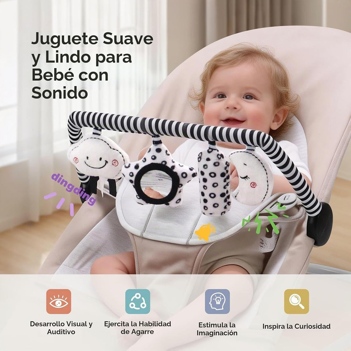 Mecedora de Juguete para Bebé Suave con 4 Juguetes Sensoriales Colgantes, Compatible con Mecedora Baby Bjorn, con Espejo, Sonajero, Sonido de Crujido para Bebés de Todas las Edades (Formas