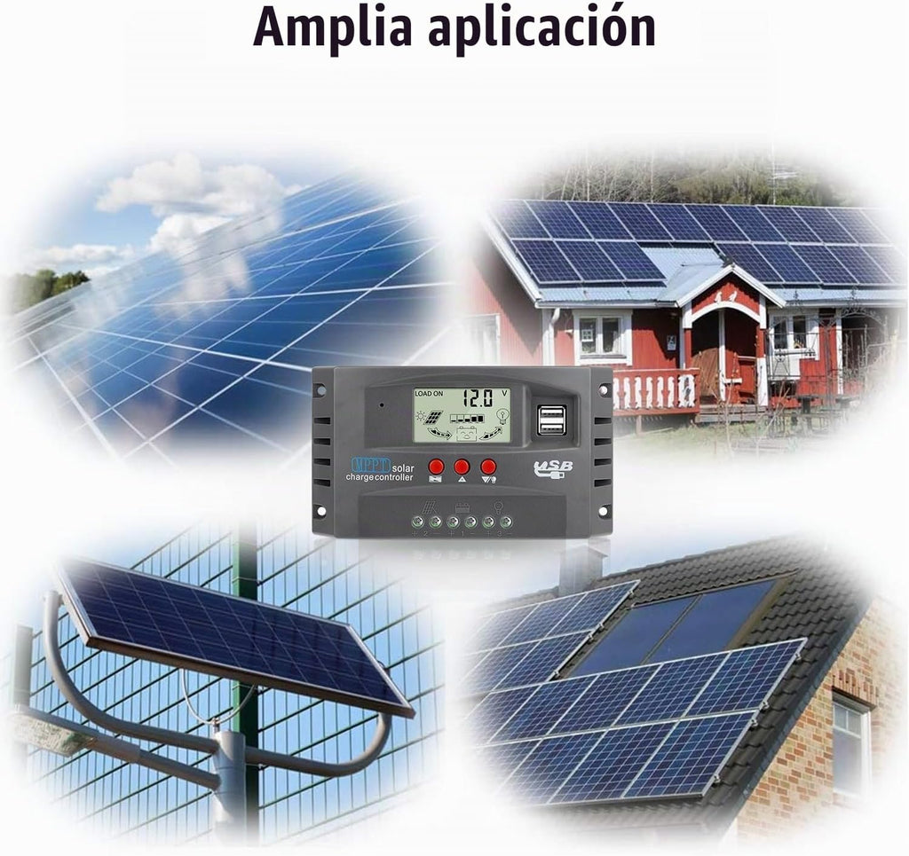 Controlador de carga de panel solar MPPT de 100 A, controlador de cargador de batería solar automático de 12 V/24 V con pantalla LCD, puerto USB dual y temporizador de ajuste de horas de