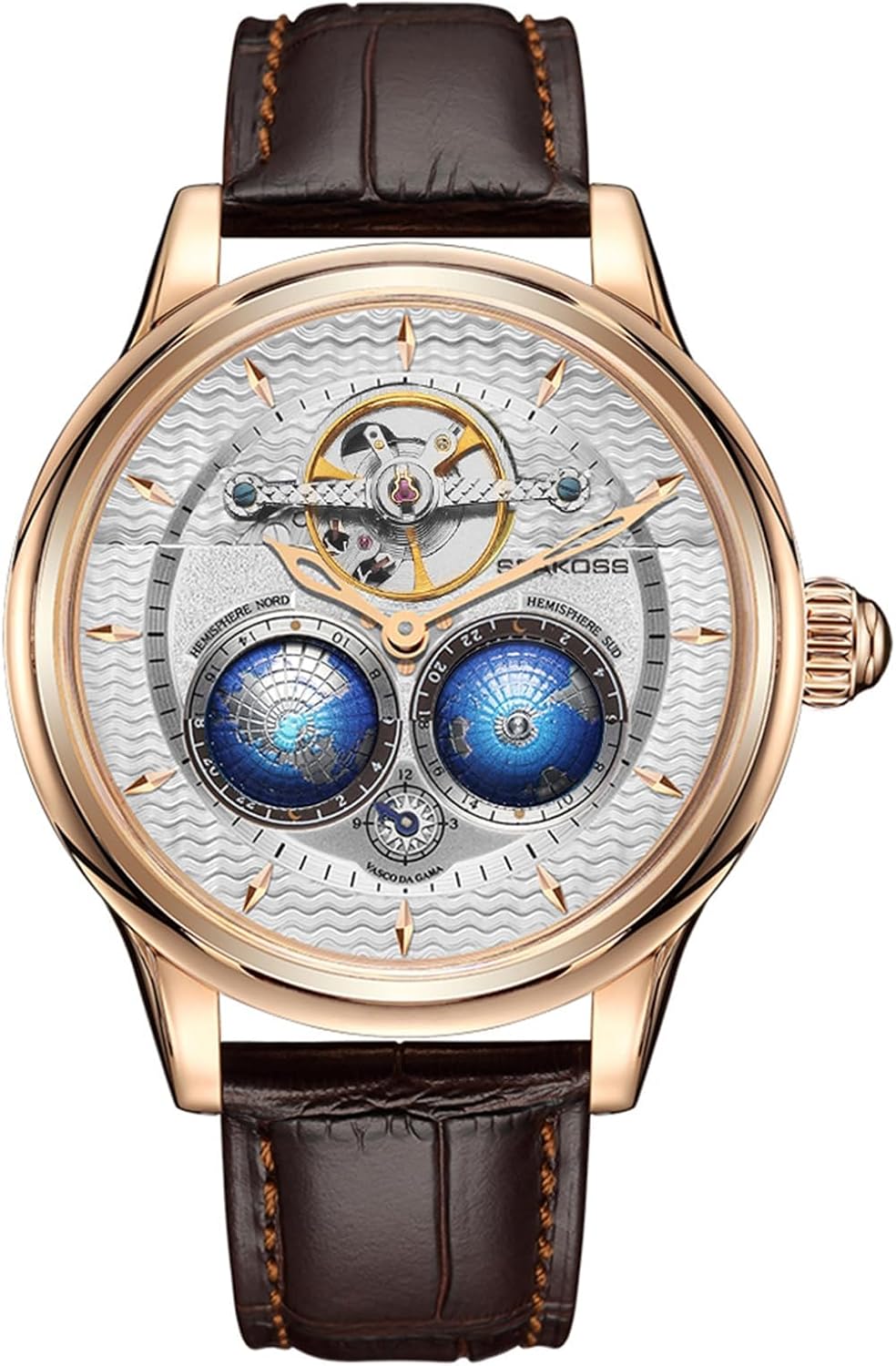 SEAKOSS Reloj mecánico automático de lujo para hombre, reloj de vestir esqueleto de 1.850 in con esfera de doble hemisferio, movimiento de cuerda automática, correa de cuero genuino, impermeable 5ATM