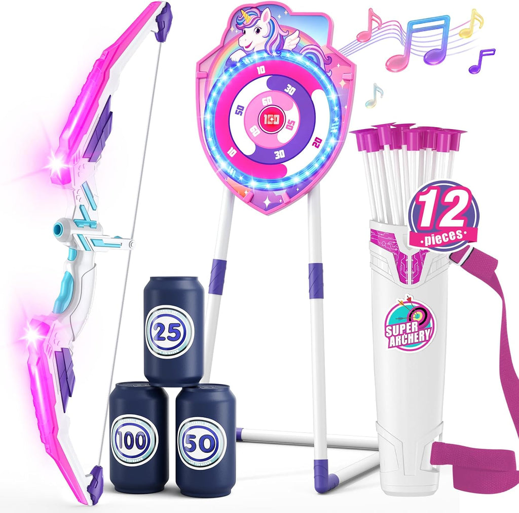 Bow y Arrow para Kids, LED Light Up Archery Set con Unicorn Target