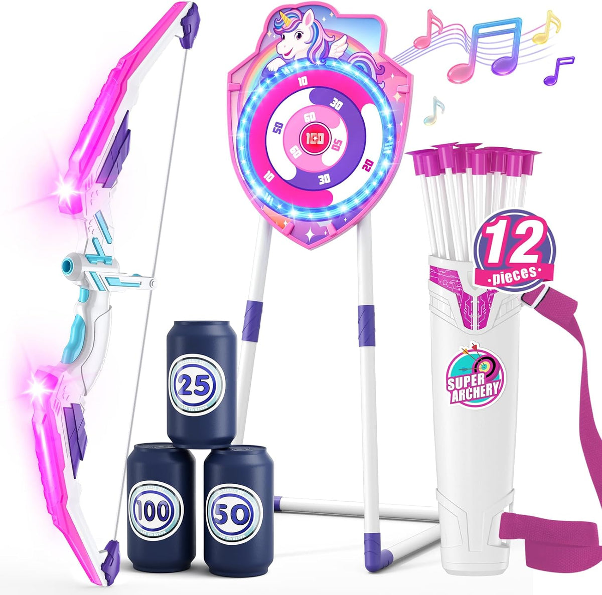 Bow y Arrow para Kids, LED Light Up Archery Set con Unicorn Target