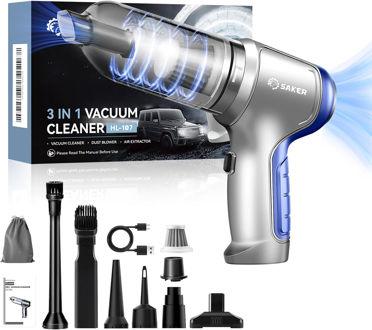 Saker - Aspiradora portátil inalámbrica para coche, 15000Pa, color azul
