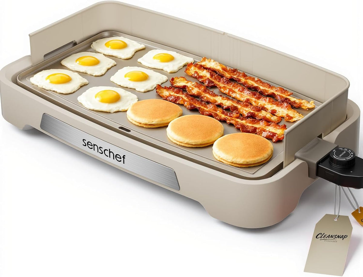 Cleansnap - Plancha eléctrica diaria, gran regalo para fiestas familiares, parrilla antiadherente de 20 pulgadas con escudo plegable antiensuciamiento, calor rápido de 1700 W y revestimiento de cerámica PPG, apto para lavavajillas, crema de vainilla