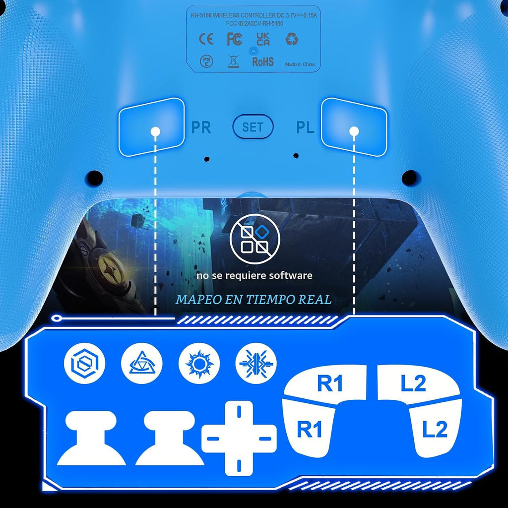 Dinosoo Controlador Inalámbrico RGB para PS5/PlayStation 5 PC, Controlador Bluetooth con Turbo, Macro, Vibración Dinámica, 6-Ejes de Movimiento, Puerto de Audio de 3.5 mm, Batería de 1000mAh, Altavoz - Azul
